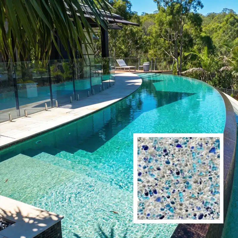 100% glass aggregate concrete pool finish creating brilliant turquoise water in a luxury Sunshine Coast swimming pool