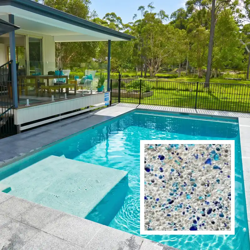 50% glass aggregate concrete pool finish creating vibrant turquoise water in a modern Sunshine Coast swimming pool