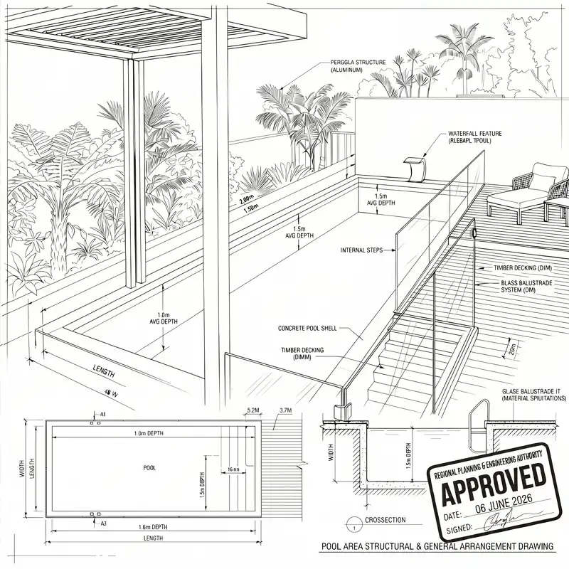Concrete pool construction plan showing pool layout, structural details and engineering design for a Sunshine Coast custom concrete pool.