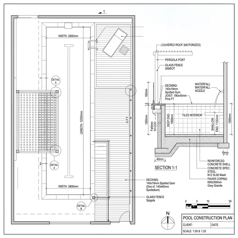 Concrete pool construction plan and engineering drawings for a custom Sunshine Coast pool