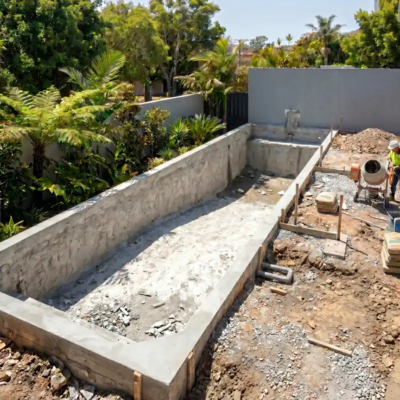 Concrete pool under construction showing the reinforced concrete shell during the building process on the Sunshine Coast.