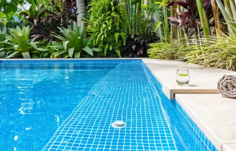 Custom tiled swimming pool with tropical landscaping on the Sunshine Coast