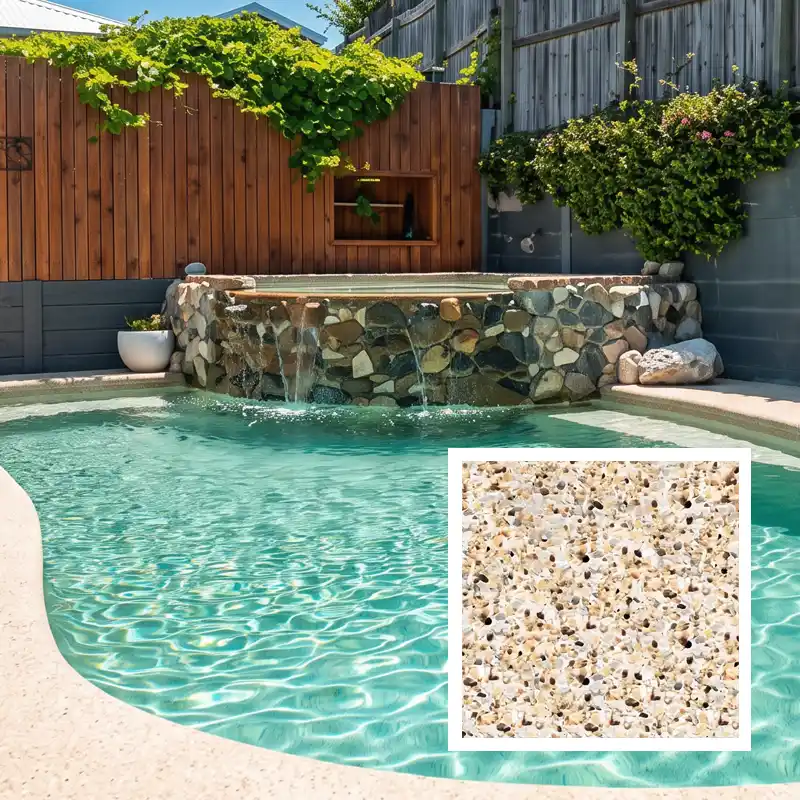 Golden Beach exposed aggregate concrete pool finish creating soft aqua water tones in a Sunshine Coast swimming pool