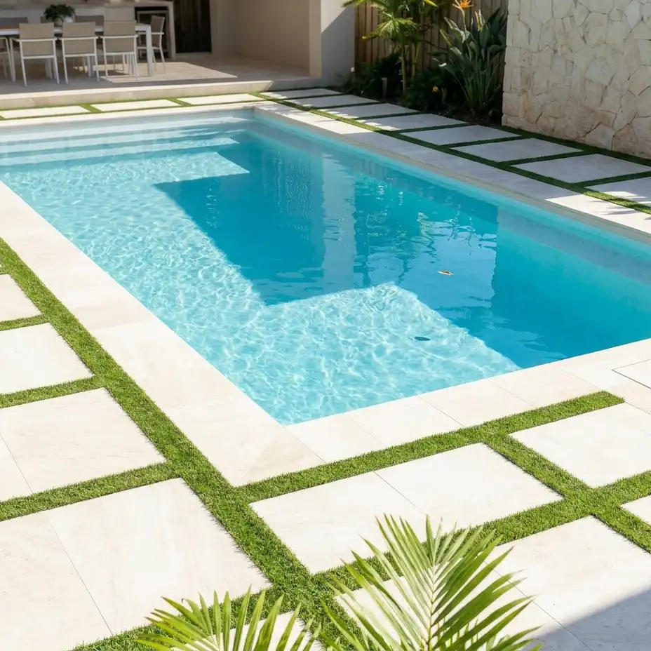 Hayman Series wide fibreglass pool with full-width entry steps and spacious rectangular swimming area.