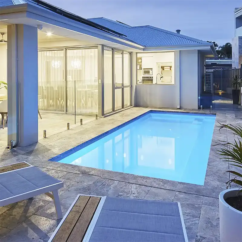 Imperial Series narrow fibreglass pool installed beside a modern Sunshine Coast home