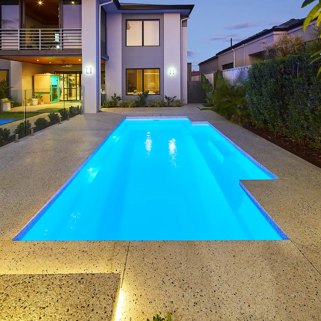 Medina Series resort style fibreglass pool with spacious swimming area installed by Monsoon Pools on the Sunshine Coast