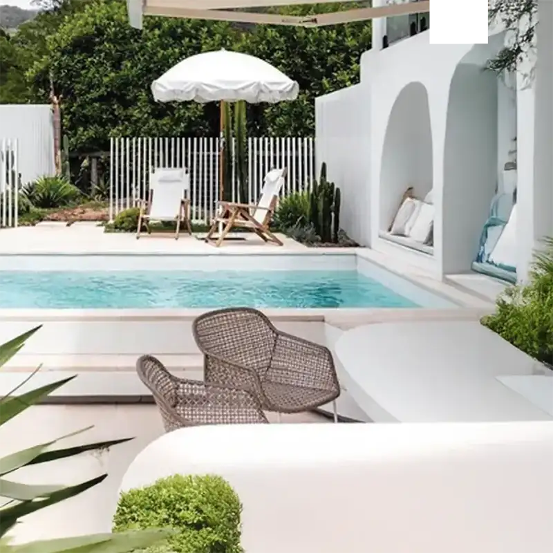 Sapphire Series modern fibreglass pool in a contemporary outdoor entertaining area