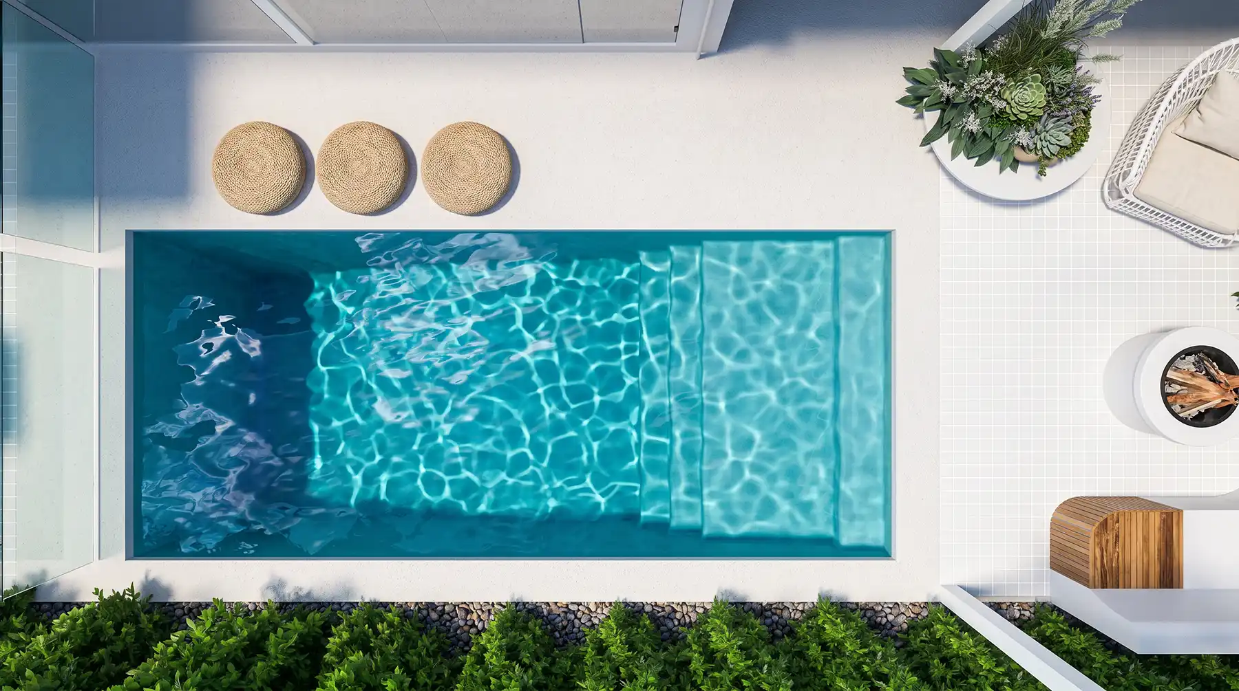 Bay Series fibreglass pool overhead view Overhead view of the Bay Series fibreglass pool with full-width entry steps