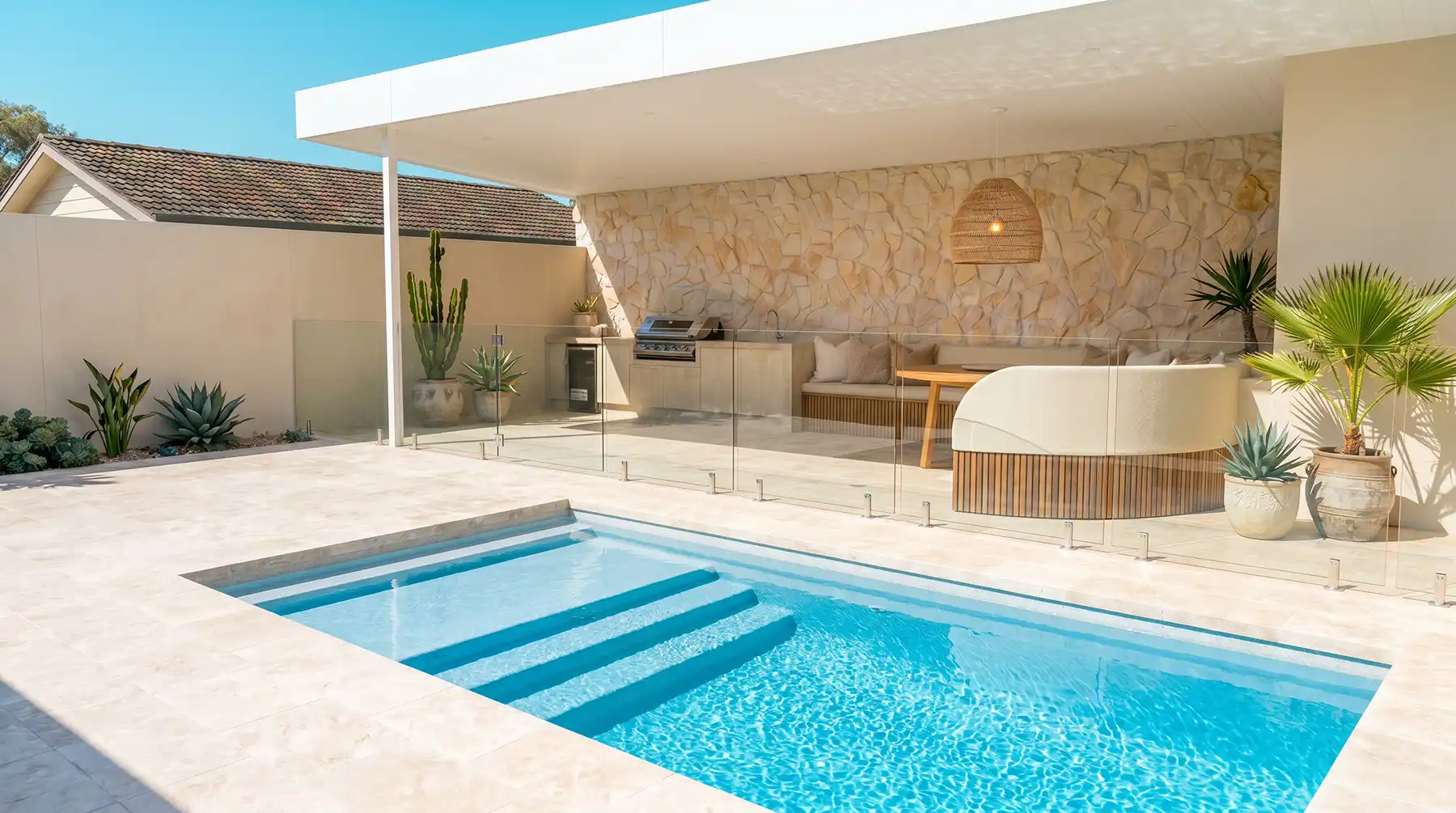 Bay Series fibreglass pool with entertaining area Bay Series fibreglass pool with full-width entry steps and outdoor entertaining area