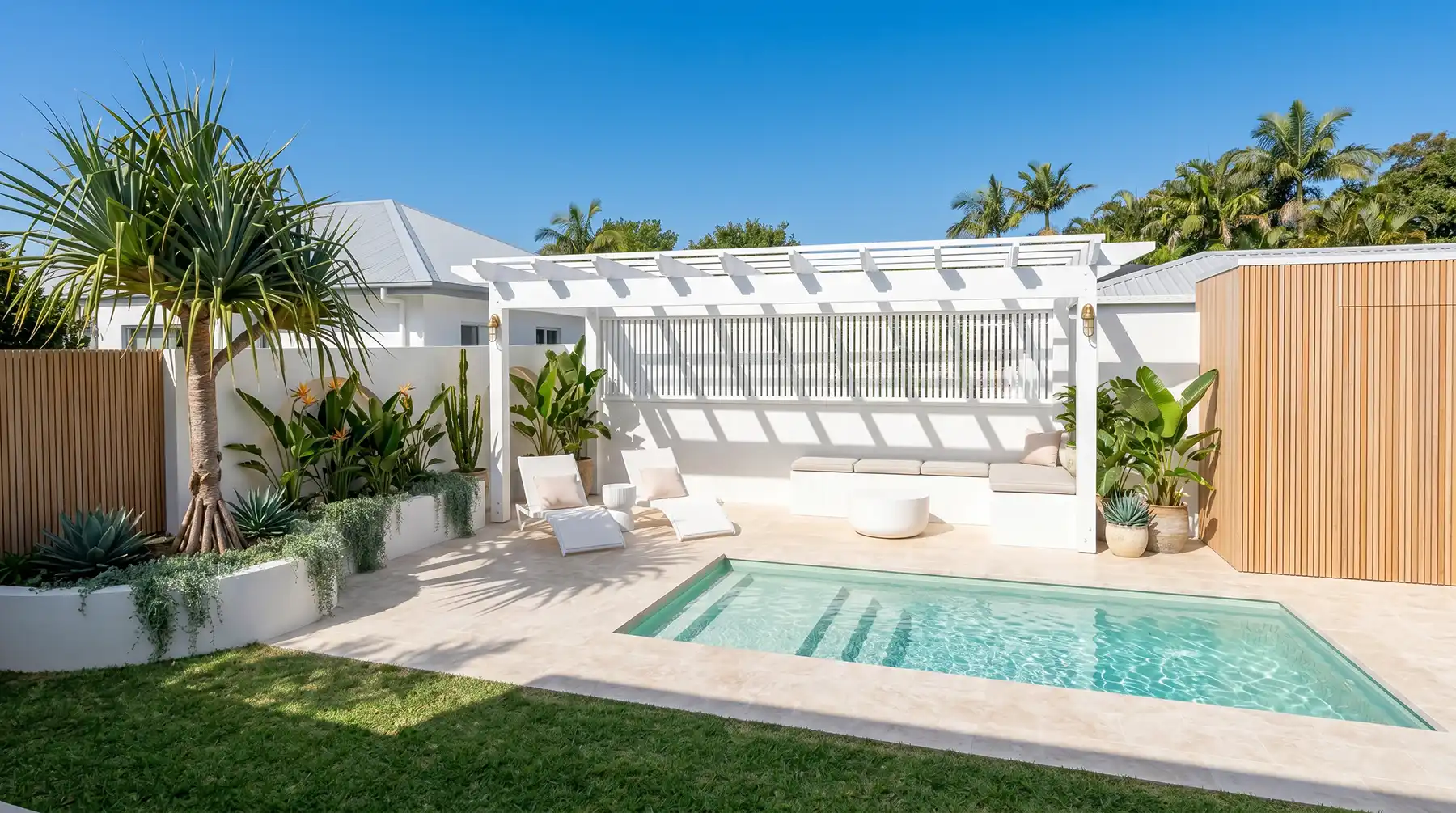 Bay Series fibreglass pool with landscaped outdoor living Bay Series fibreglass pool with full-width entry steps in a landscaped Sunshine Coast backyard