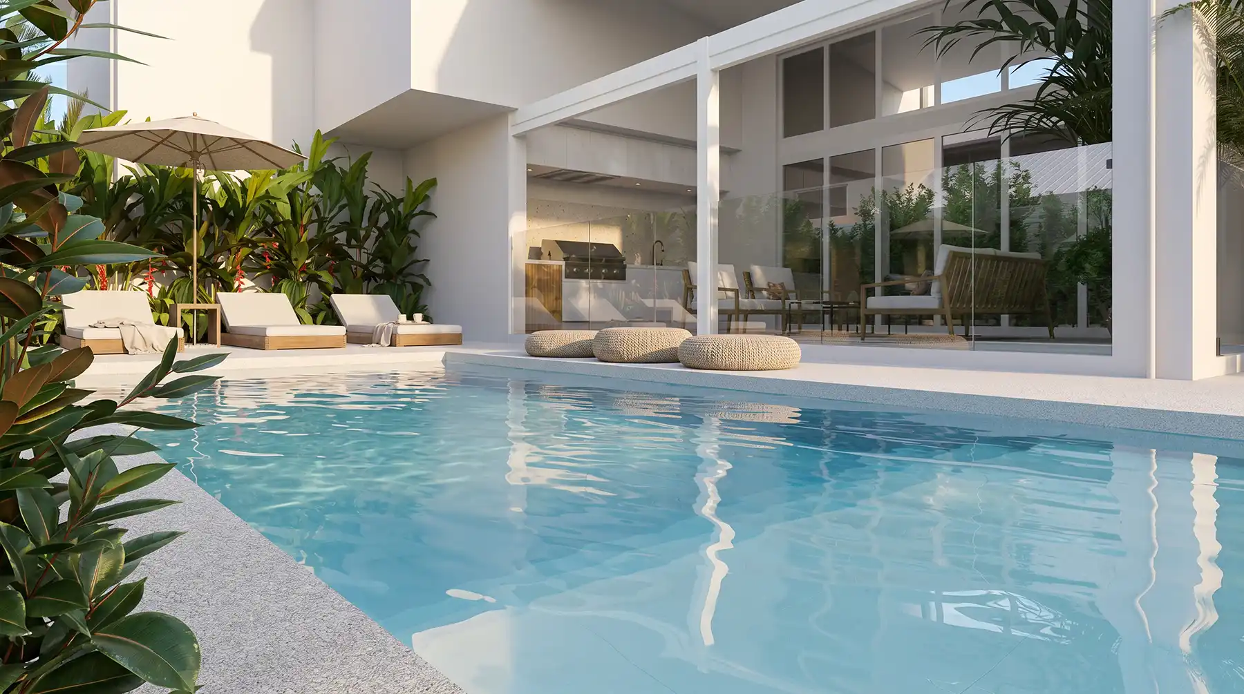 Bay Series fibreglass pool in a modern backyard Bay Series fibreglass pool in a contemporary Sunshine Coast backyard