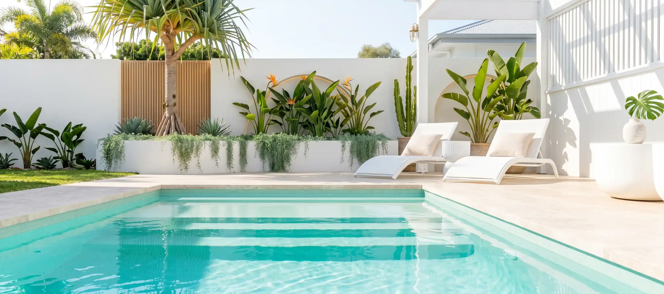 Bay Series fibreglass pool Bay Series fibreglass pool with full-width entry step and splash deck by Monsoon Pools